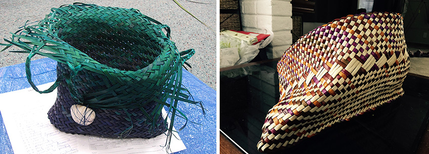 Non-traditional kete dyed in turquoise sea greens, blues and oranges and purples