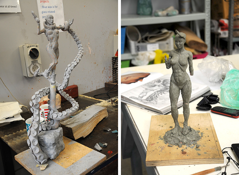 Sculptures of Furiosa (from Mad Max) holding a gun (an unfinished piece).
